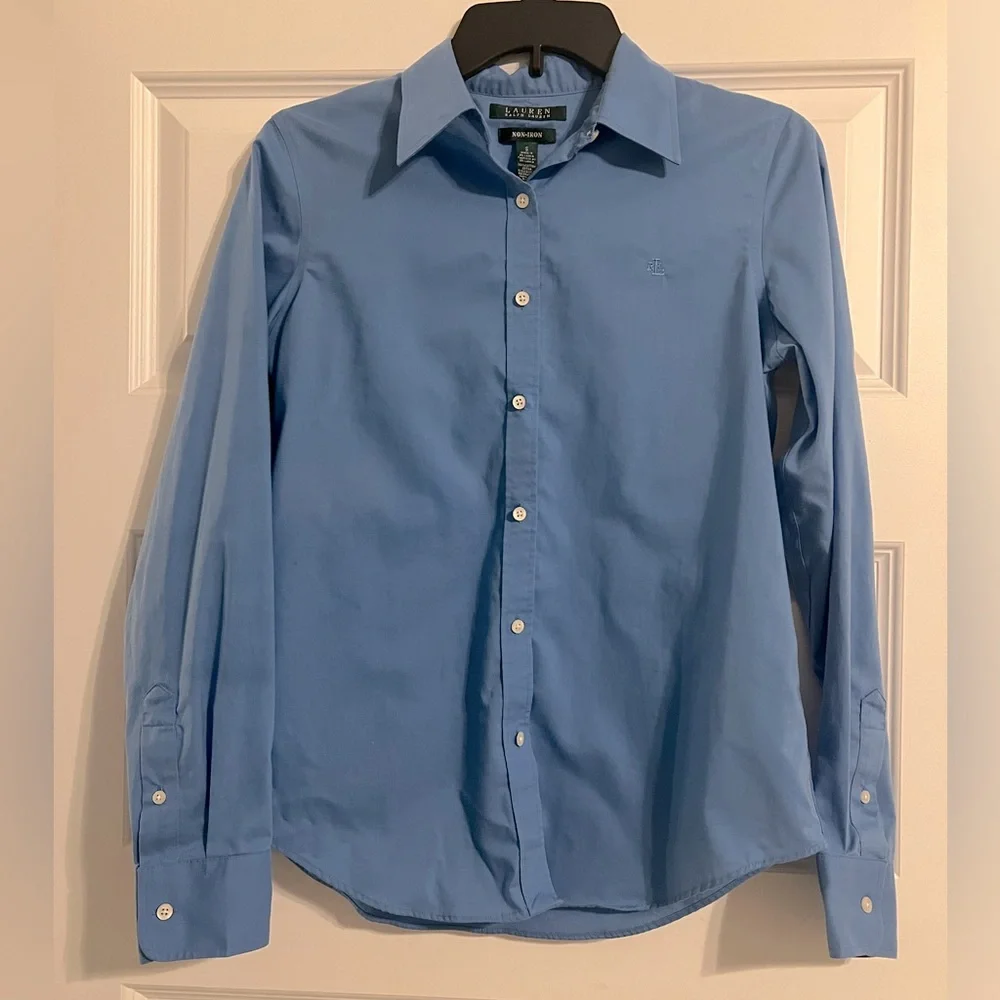 Lauren Ralph Lauren Women’s Blue Non-Iron Button Down Long-sleeve Shirt Small - Picture 1 of 4